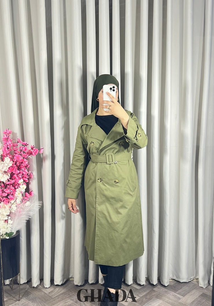 Trench-coat long en vert kaki