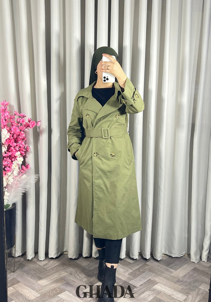 Trench-coat long en vert kaki