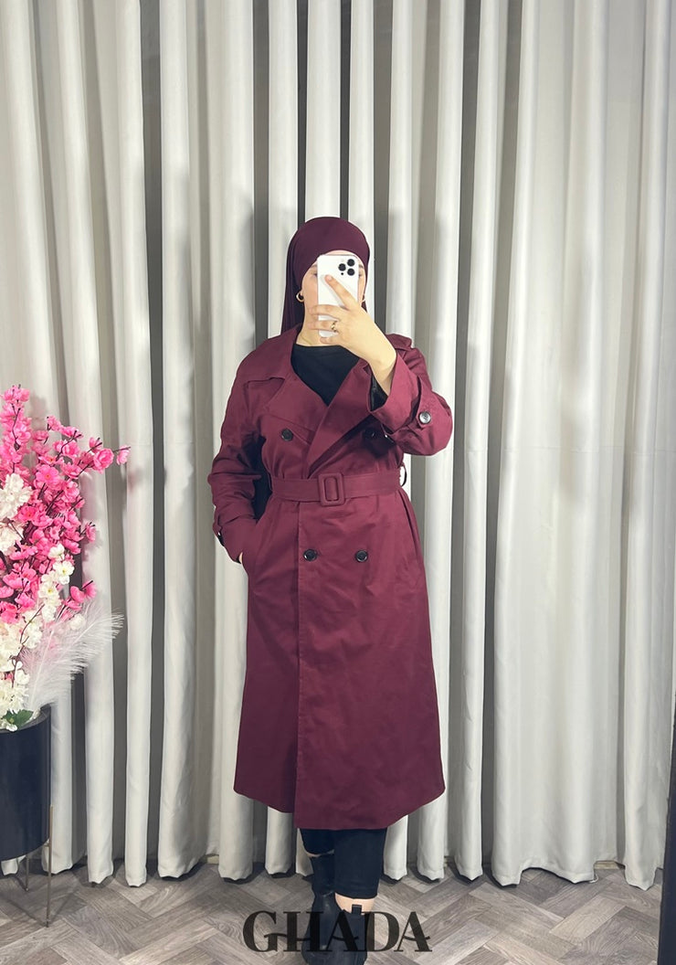 Trench-coat long en bordeaux