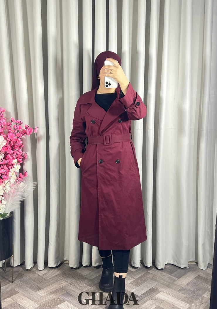 Trench-coat long en bordeaux
