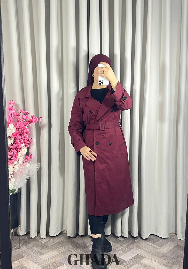 Trench-coat long en bordeaux