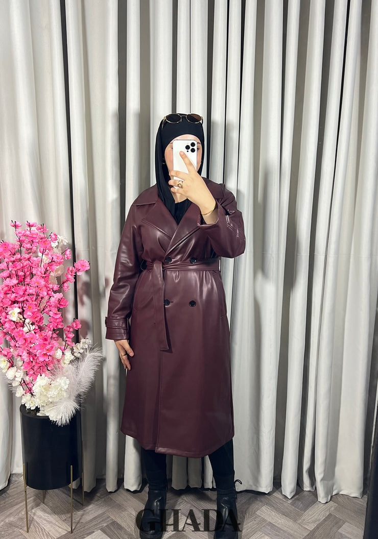 Trench-coat en simili cuir bordeaux