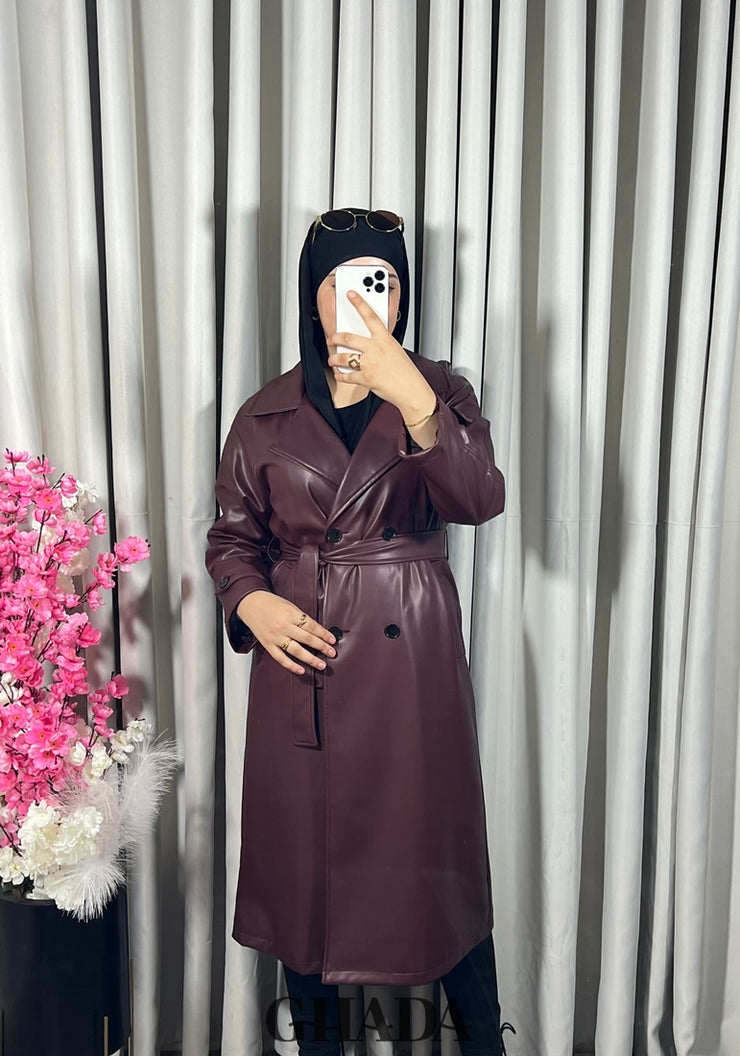 Trench-coat en simili cuir bordeaux
