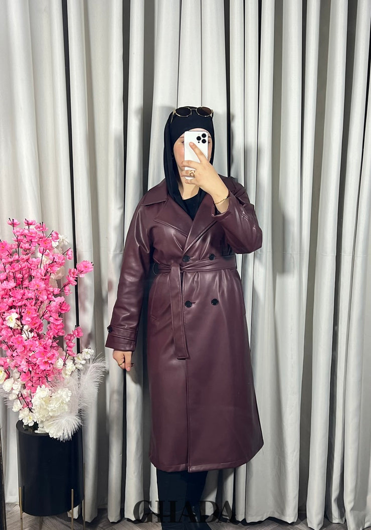 Trench-coat en simili cuir bordeaux