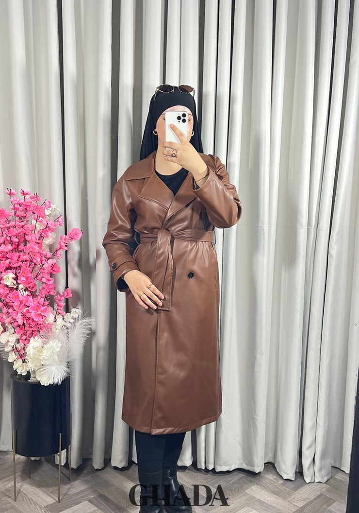 Trench-coat en simili cuir camel
