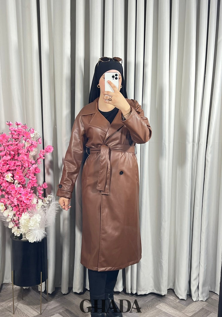 Trench-coat en simili cuir camel