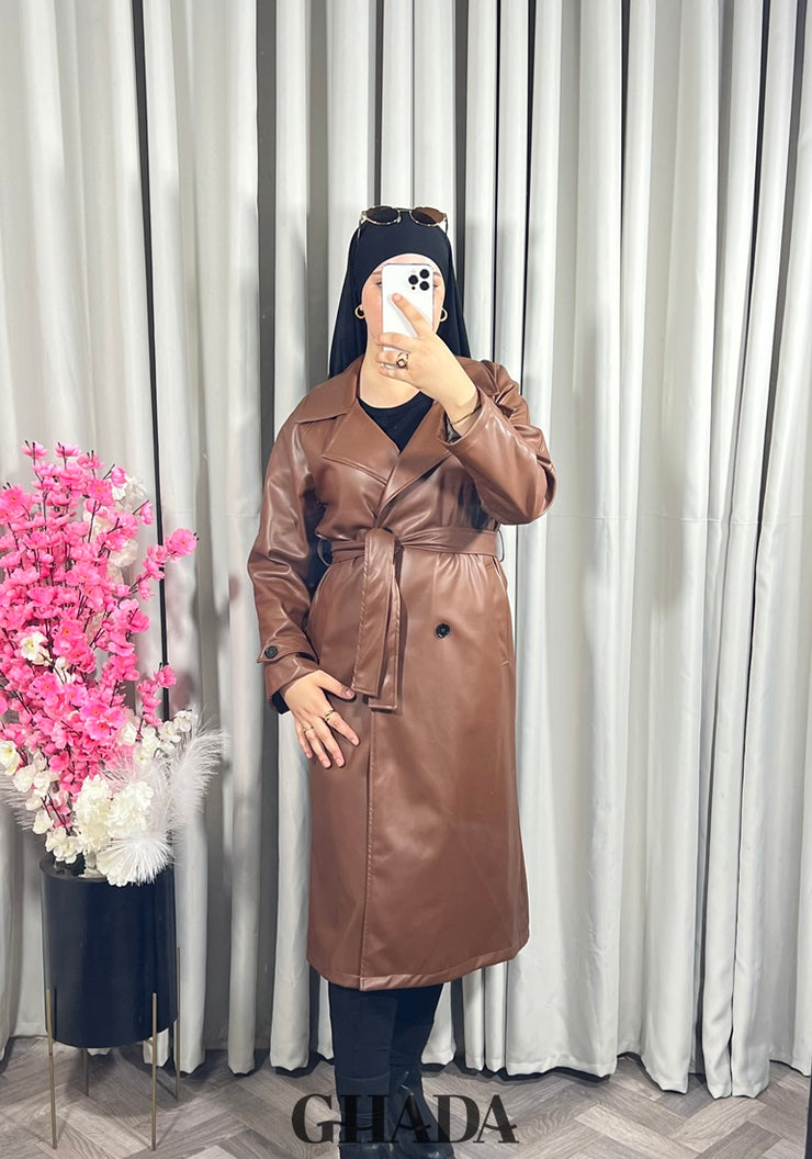 Trench-coat en simili cuir camel