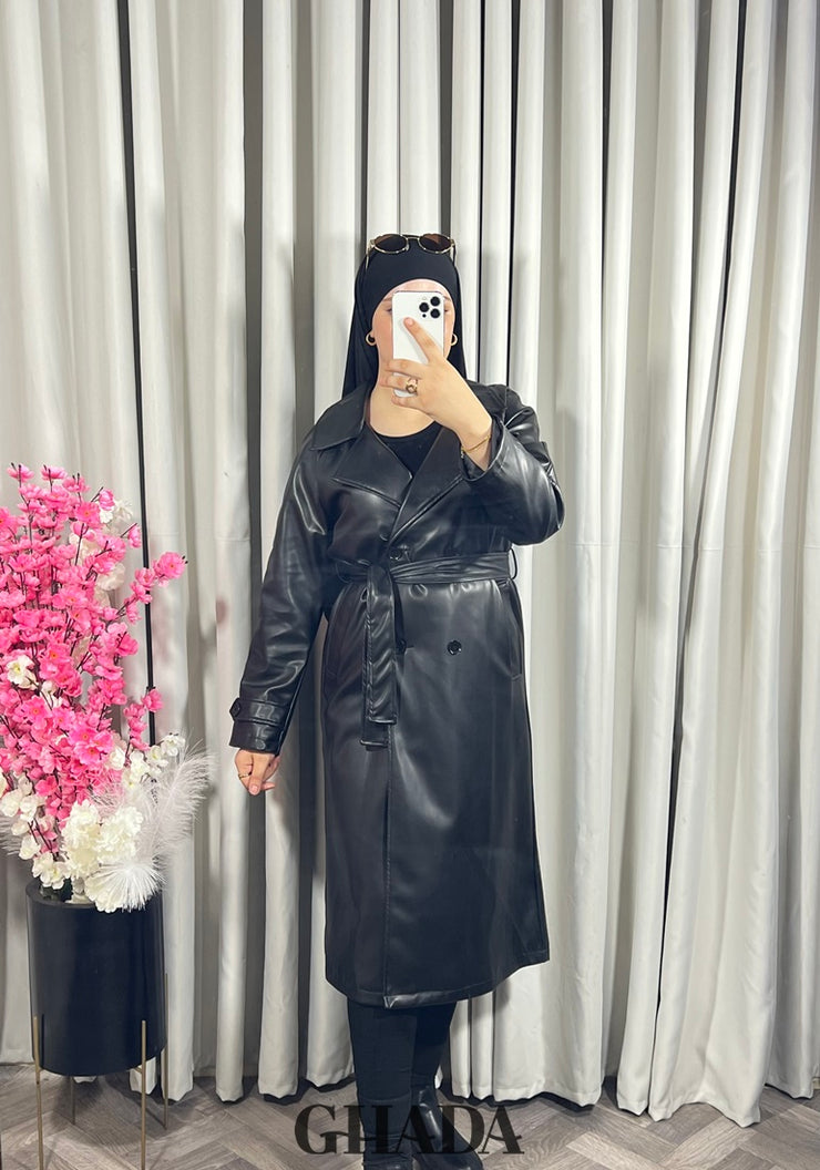 Trench-coat en simili cuir noir