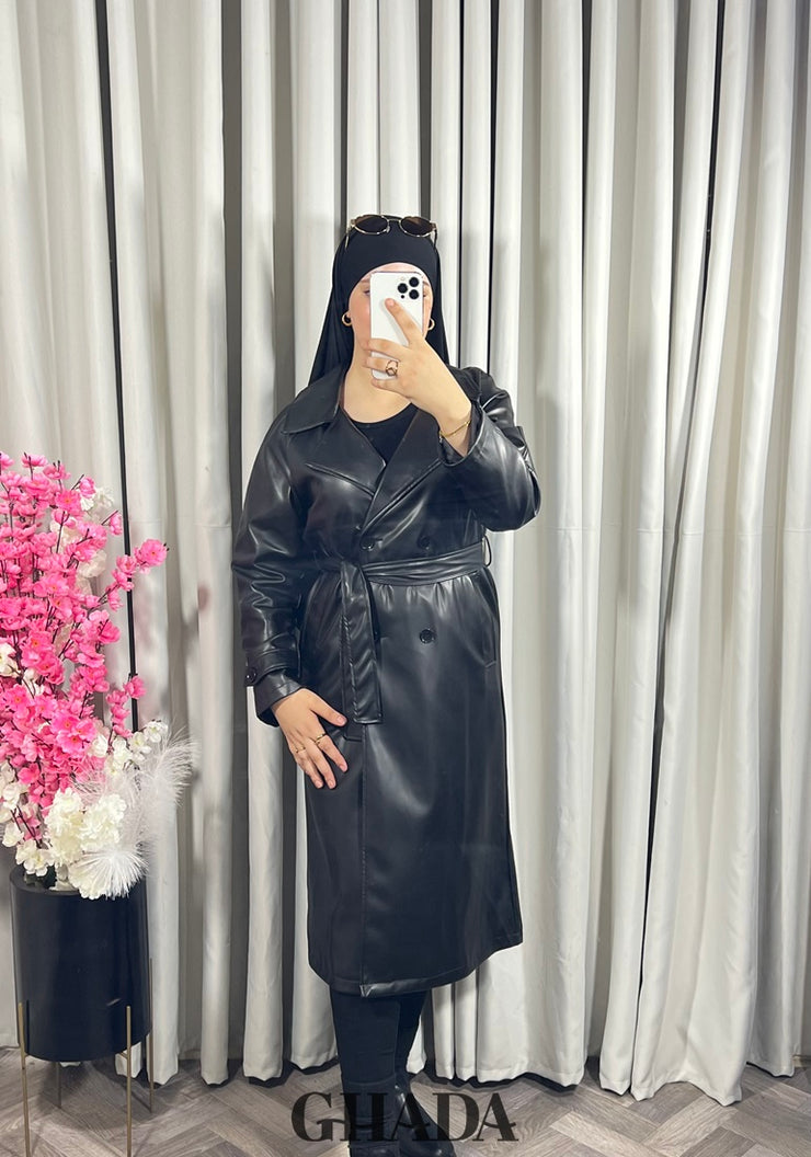 Trench-coat en simili cuir noir
