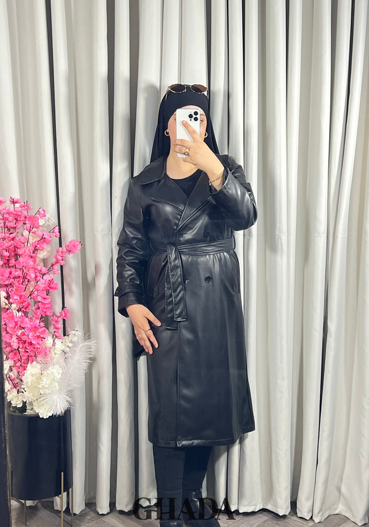 Trench-coat en simili cuir noir