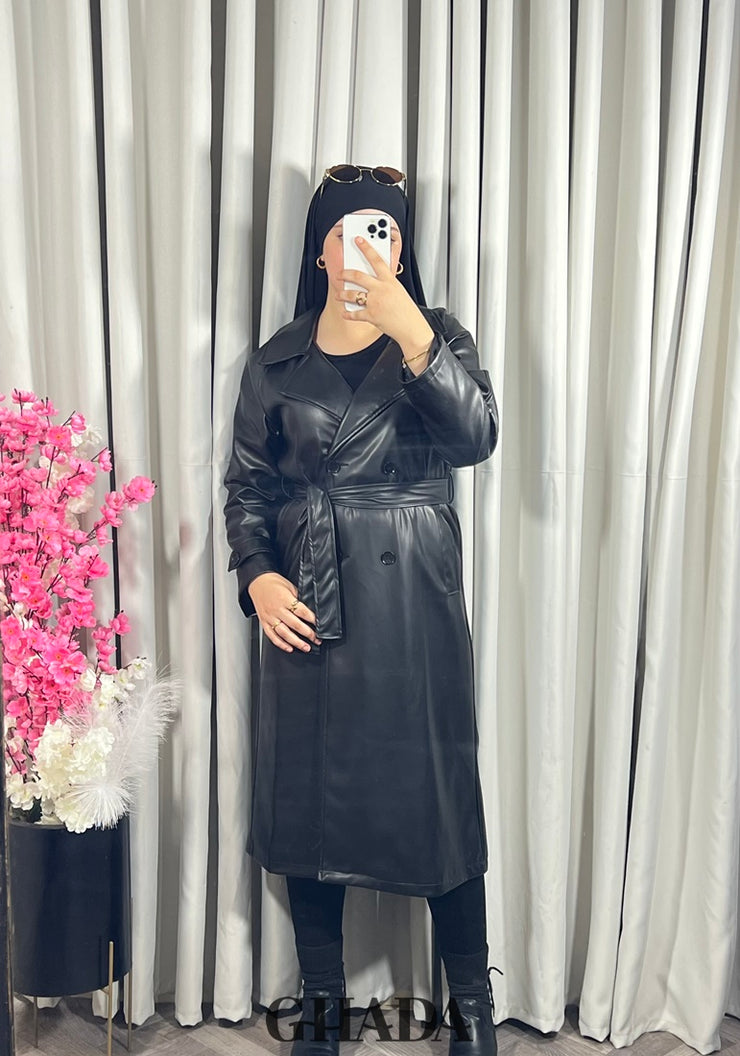 Trench-coat en simili cuir noir