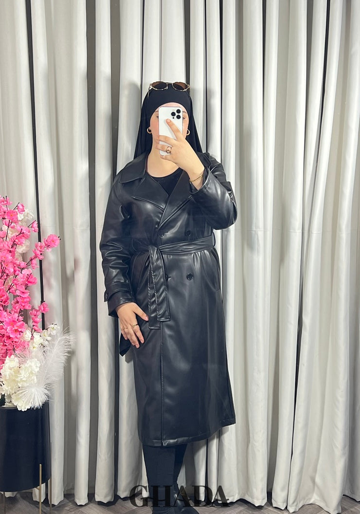 Trench-coat en simili cuir noir