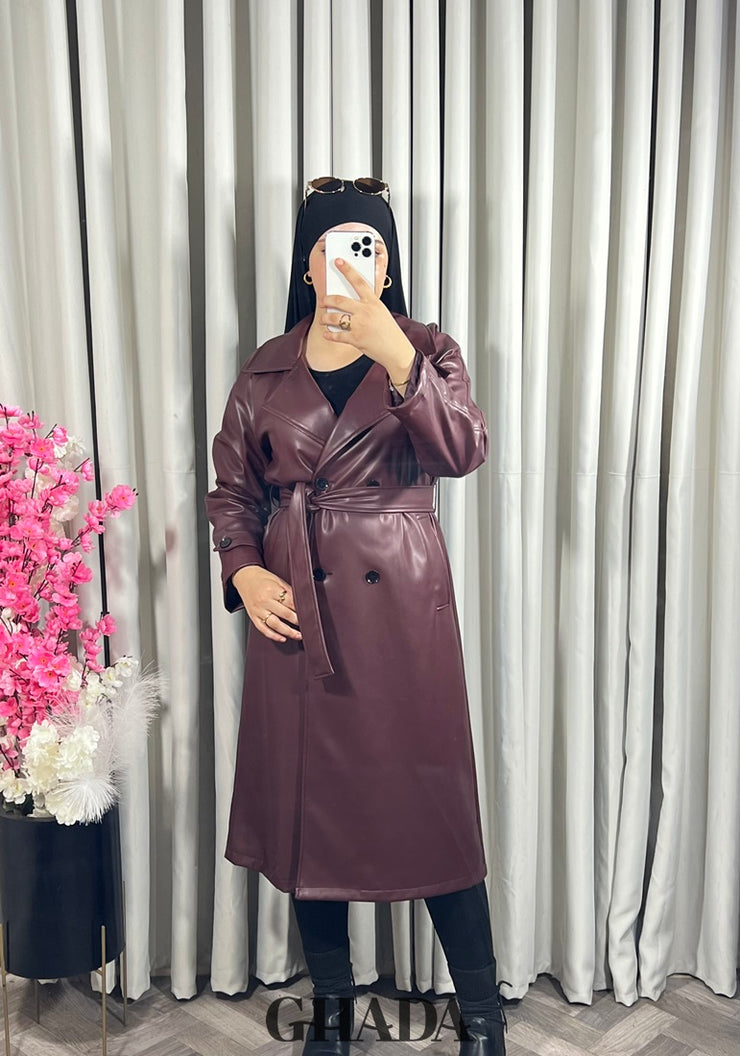 Trench-coat en simili cuir bordeaux