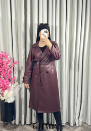 Trench-coat en simili cuir bordeaux