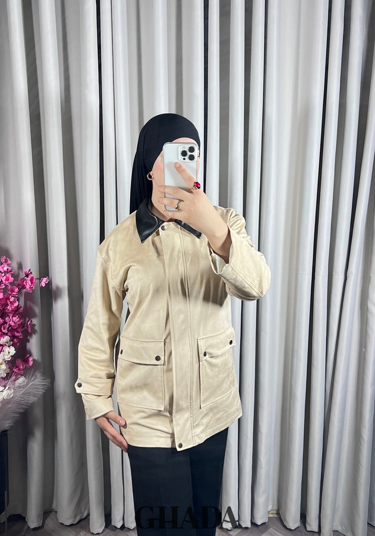 Veste en daim avec col en simili cuir