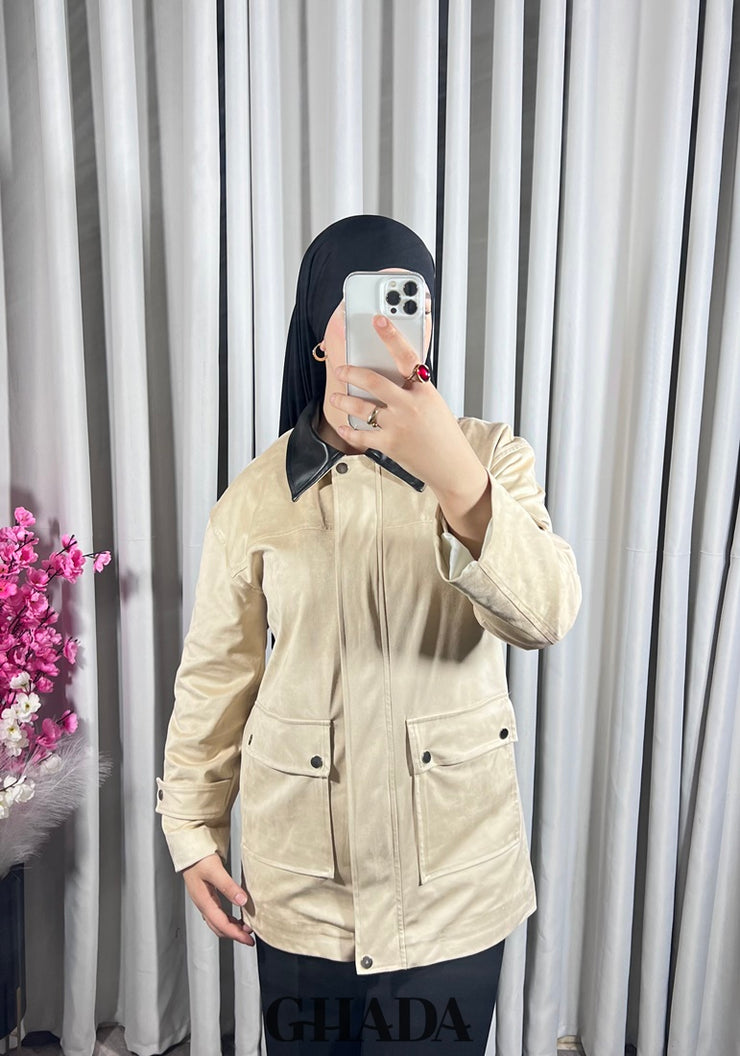 Veste en daim avec col en simili cuir