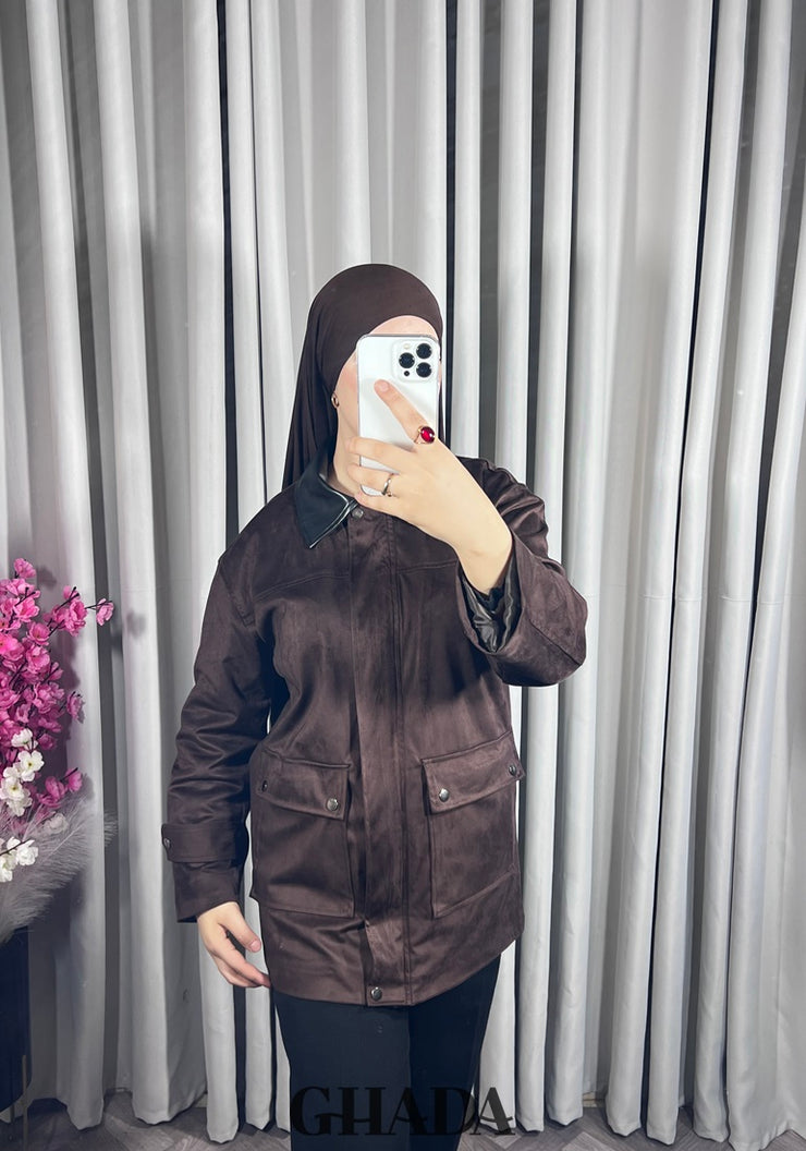 Veste en daim avec col en simili cuir