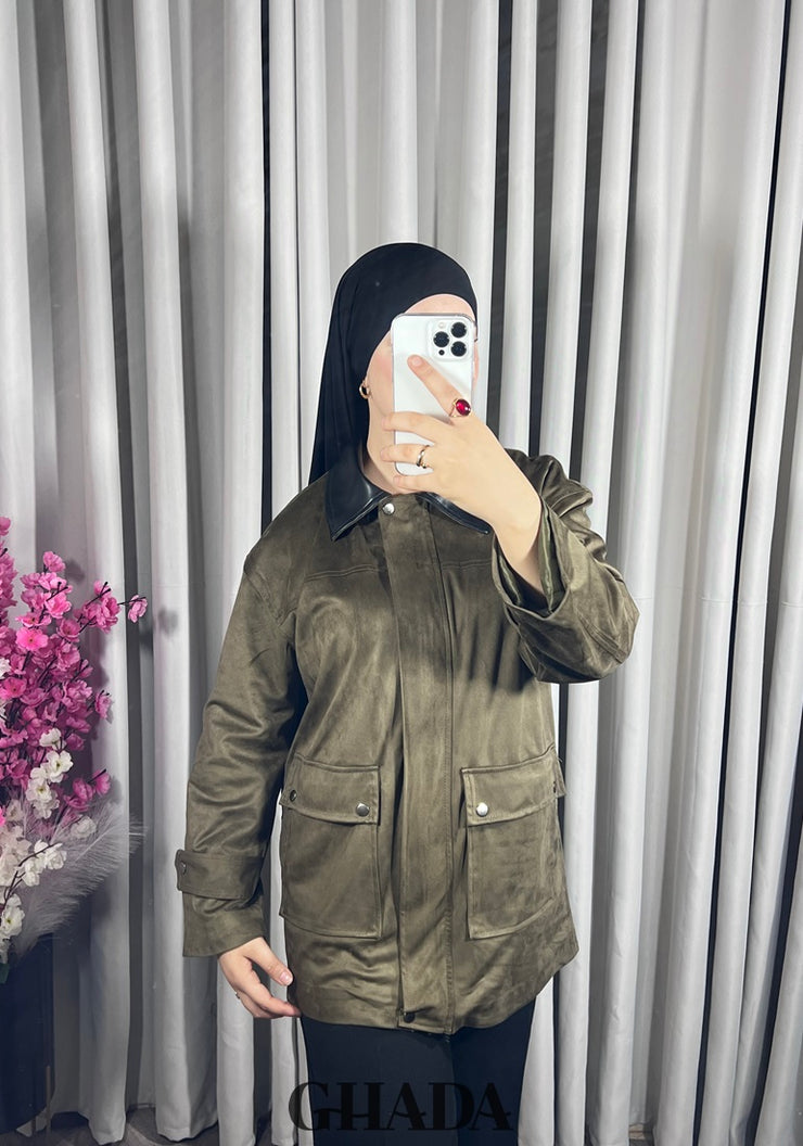Veste en daim avec col en simili cuir
