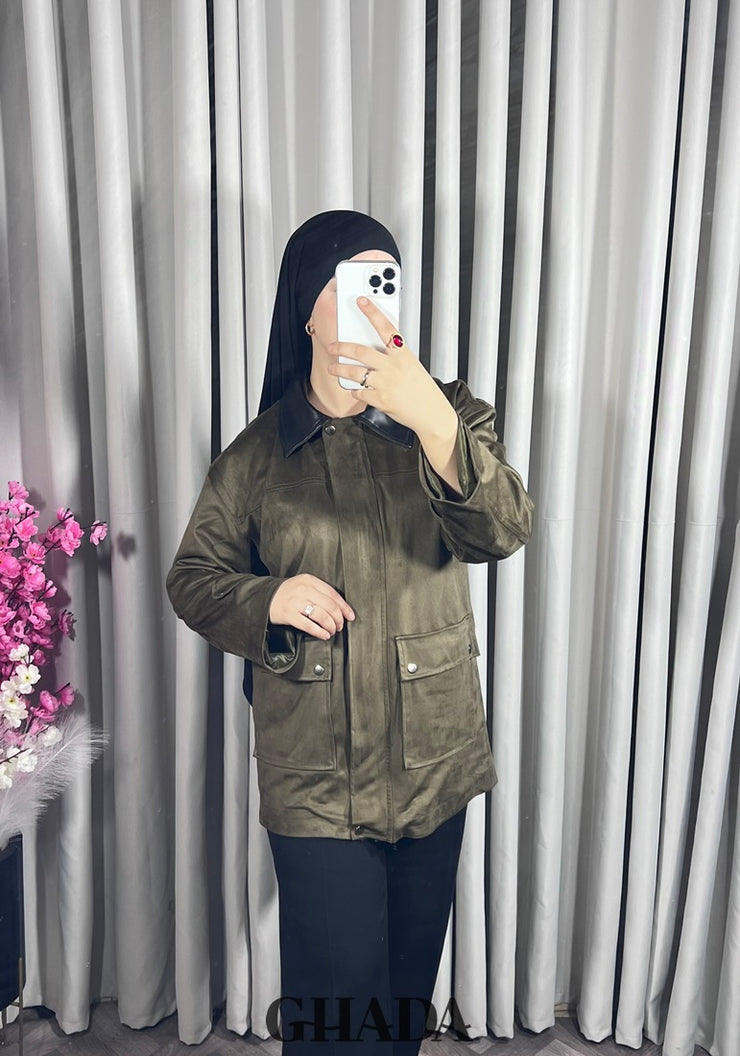Veste en daim avec col en simili cuir