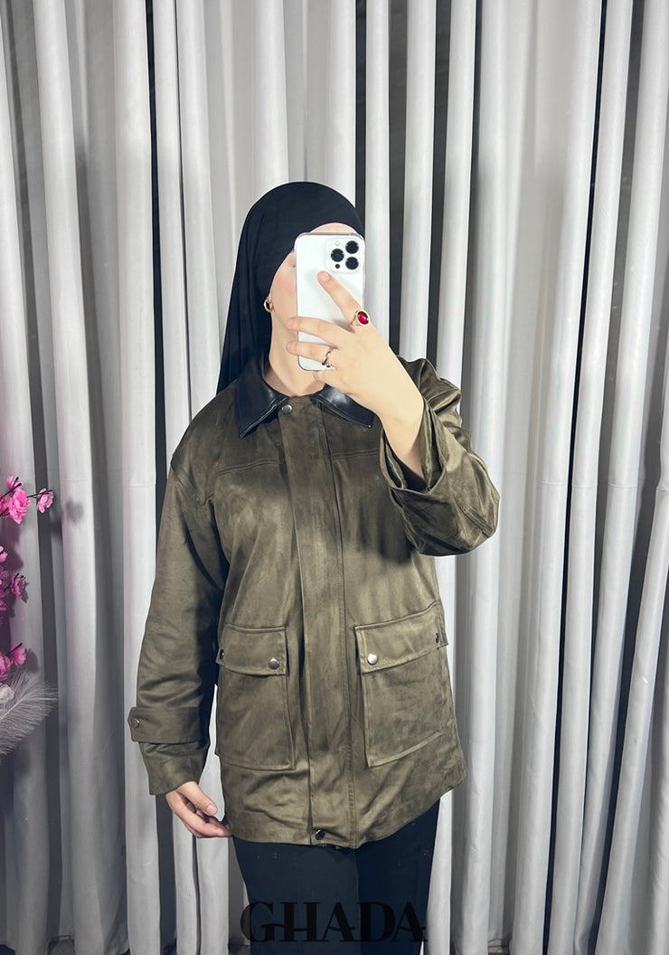 Veste en daim avec col en simili cuir