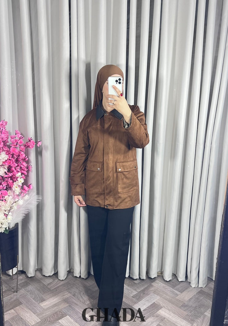 Veste en daim avec col en simili cuir