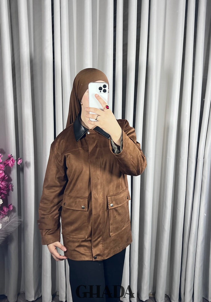 Veste en daim avec col en simili cuir