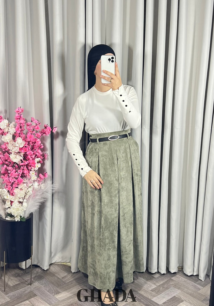 Jupe cloche en velours vert kaki