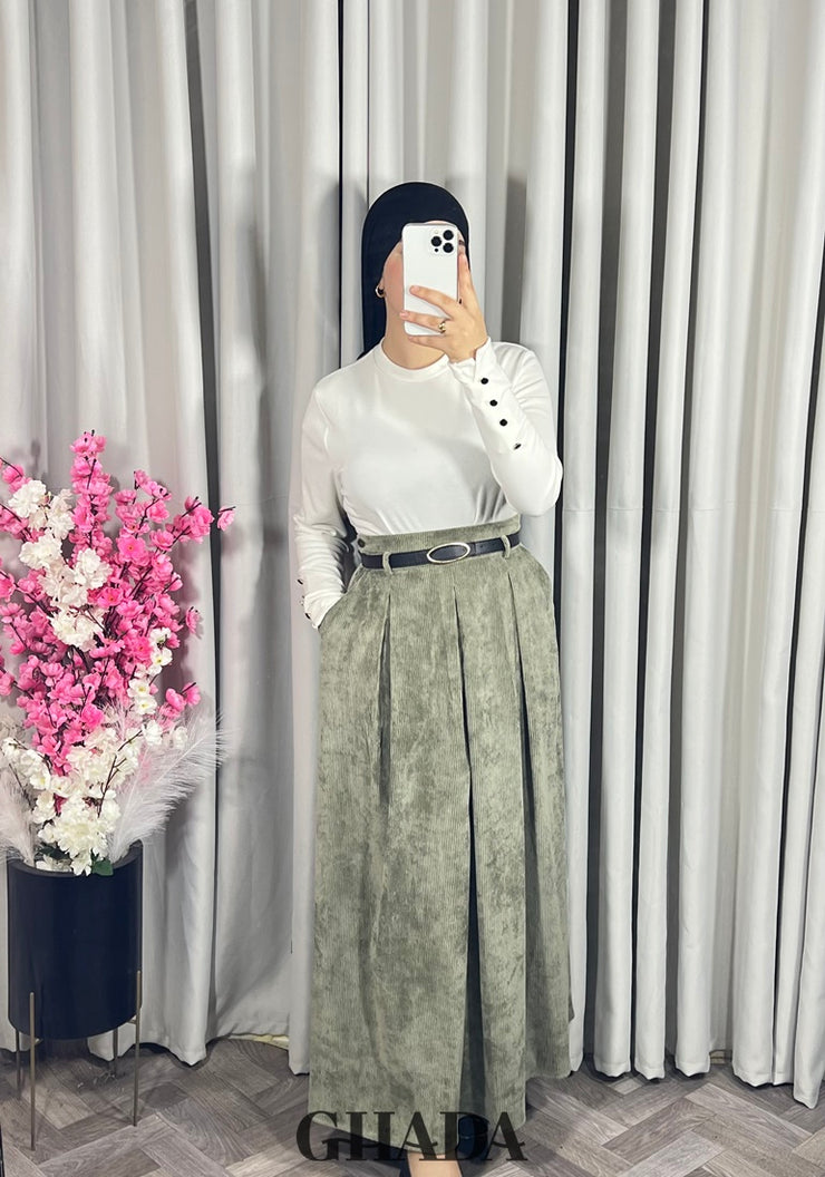 Jupe cloche en velours vert kaki