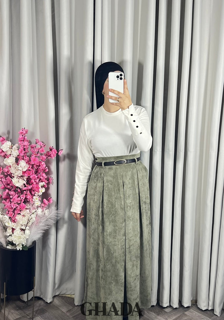 Jupe cloche en velours vert kaki