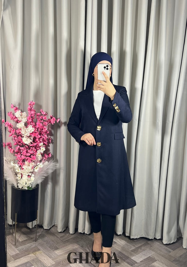 Veste manteau longue en bleu marine
