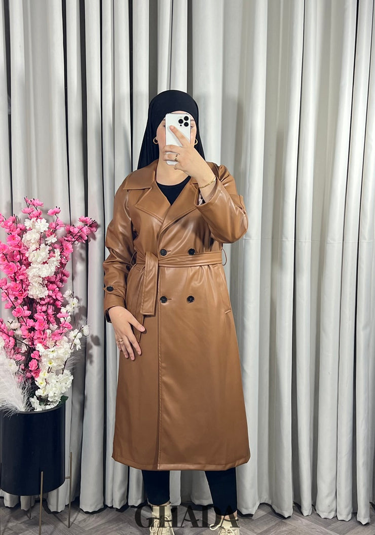 Trench-coat en simili cuir en camel