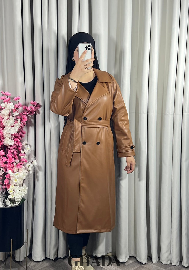 Trench-coat en simili cuir en camel