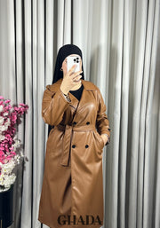Trench-coat en simili cuir en camel