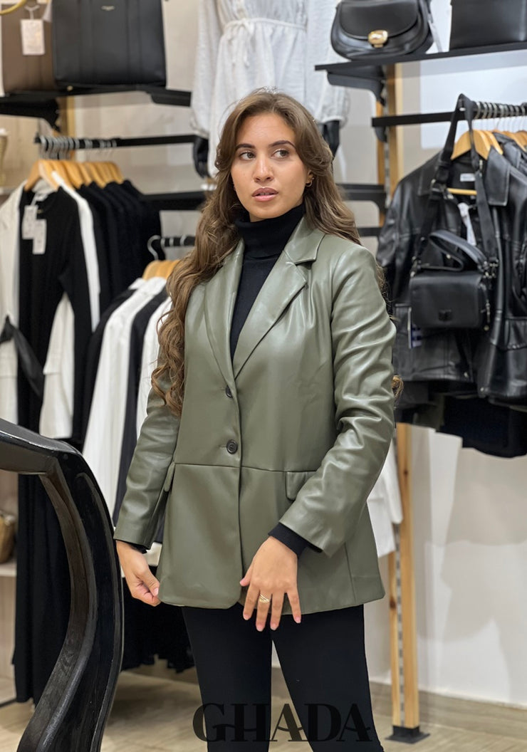 Blazer en simili-cuir vert kaki