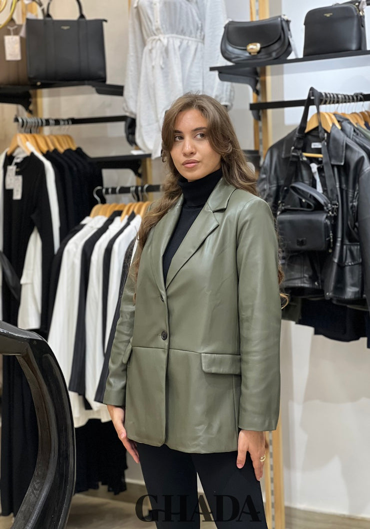 Blazer en simili-cuir vert kaki