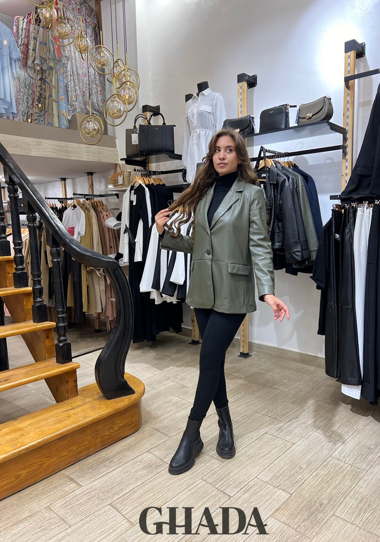 Blazer en simili-cuir vert kaki