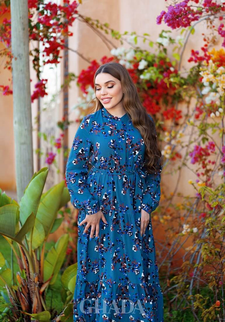 Robe longue en bleu imprimé floral