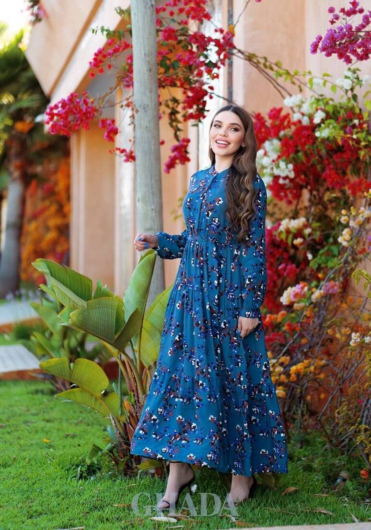 Robe longue en bleu imprimé floral