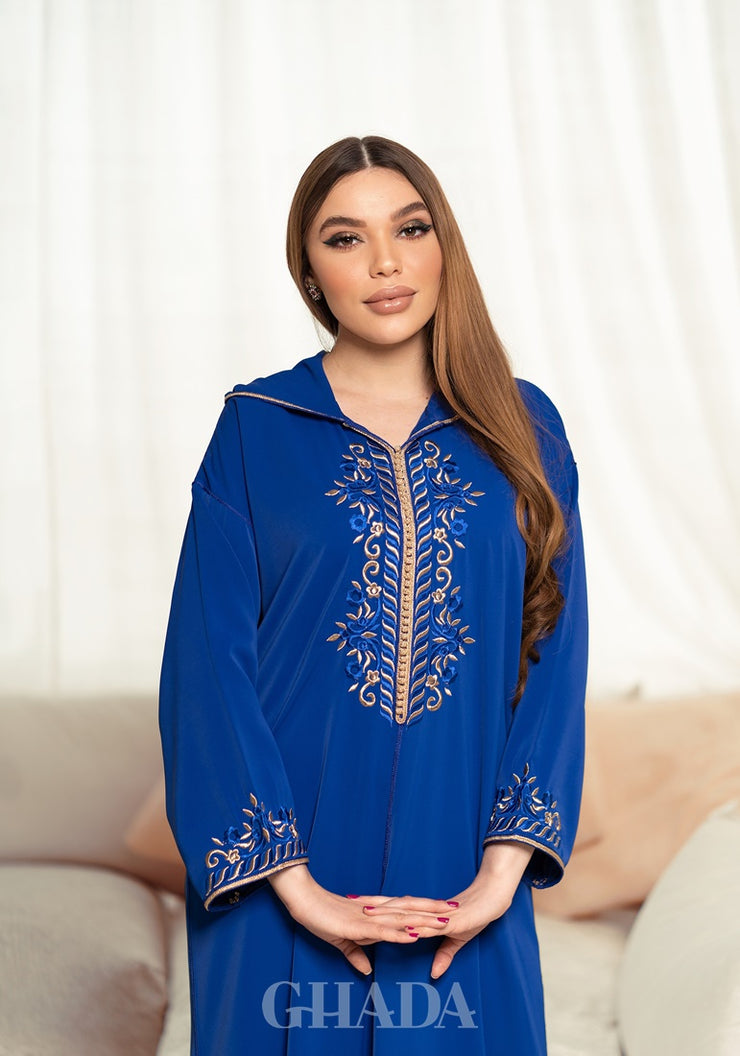Djellaba crepe en bleu roi avec broderie de skalli