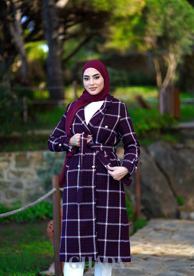 Manteau long double boutonnage en bordeaux