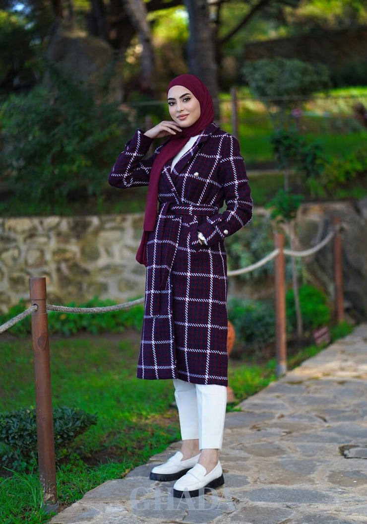 Manteau long double boutonnage en bordeaux