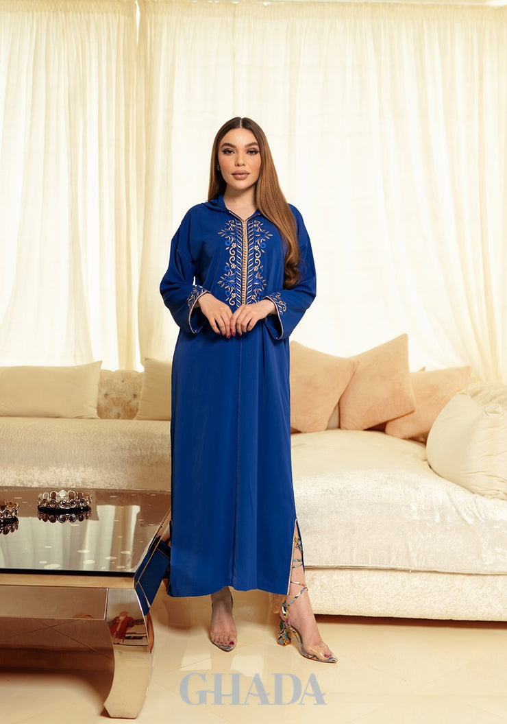 Djellaba crepe en bleu roi avec broderie de skalli