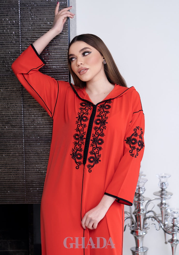 Djellaba crepe en orange avec broderie de skalli