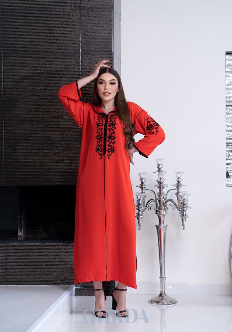Djellaba crepe en orange avec broderie de skalli
