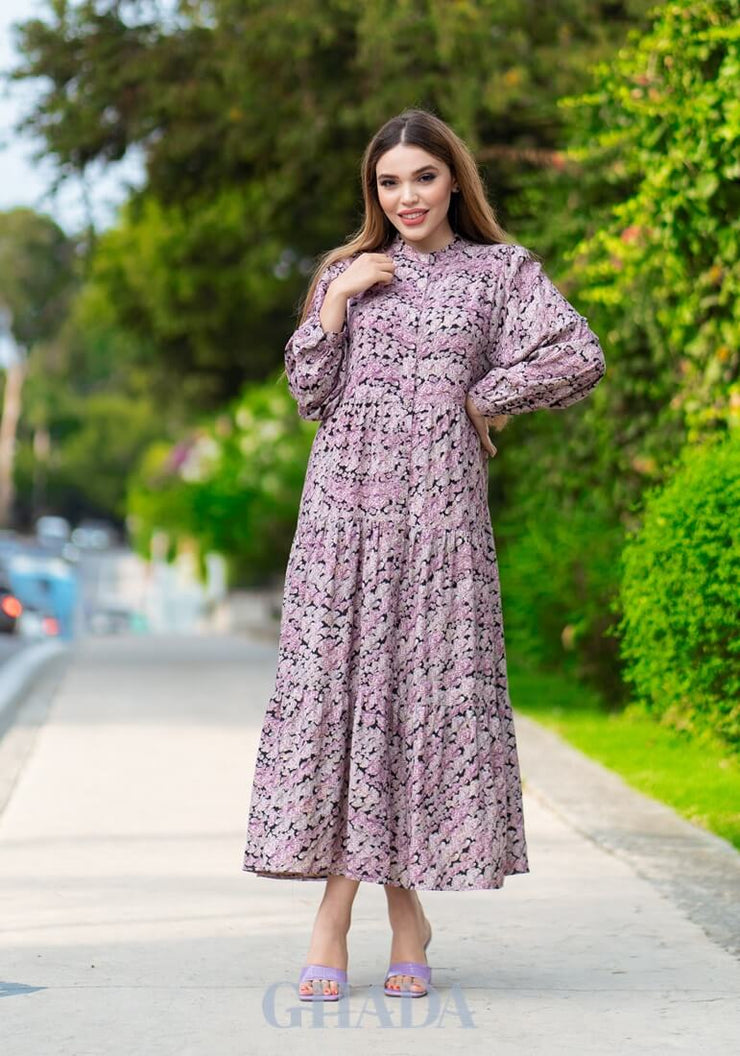 Robe longue imprimée en mauve