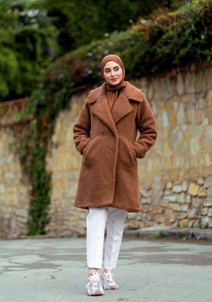 manteau effet mouton camel